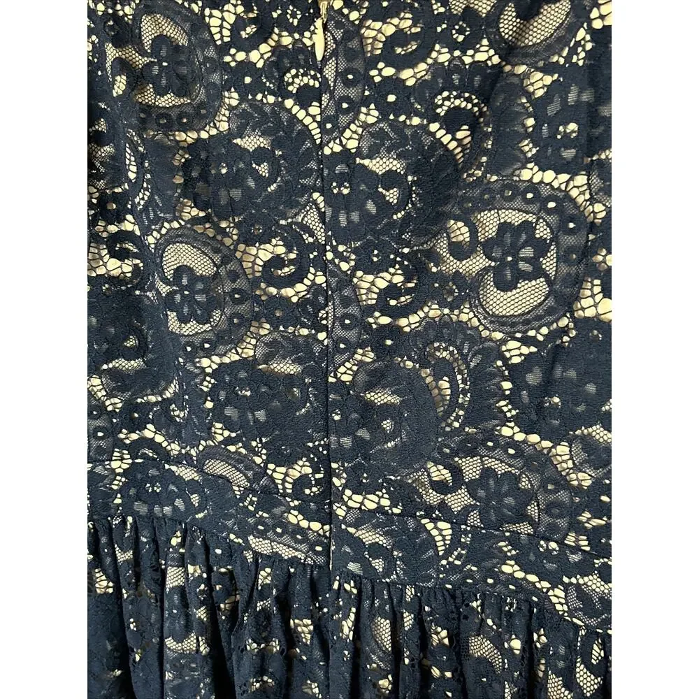 NWT Eliza J Navy Blue Floral Lace Nude Lined Off Shoulder Dress Sz 10 Fit Flare - Picture 8 of 10